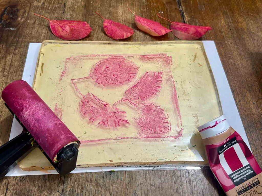 Leaf impressions on a magenta gel plate after removing leaves in a printmaking workshop for kids Florence
