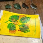 Finished yellow and green leaf monoprint from the art workshop for kids Florence at Fatacadabra