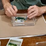 Two people using brushes to separate a Polaroid emulsion in a water dish at a Polaroid workshop Florence, Fatacadabra