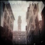 Double exposure photograph of Palazzo Vecchio tower in Florence from the photography workshop Florence at Fatacadabra