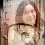 Double exposure portrait of a woman merged with a Florence street scene at a creative photography Florence session