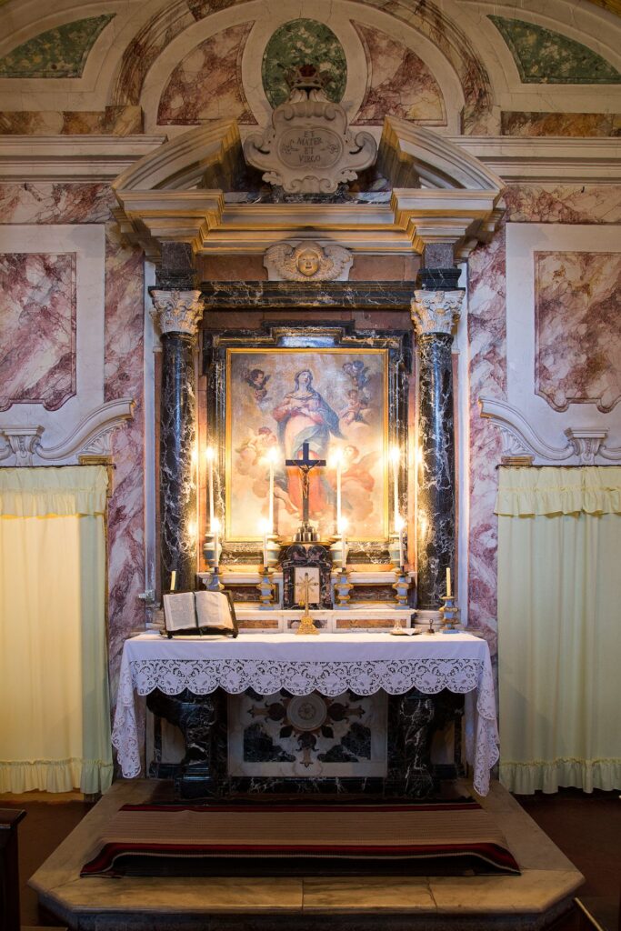 Historic private chapel interior at the family run Tuscan villa in Chianti