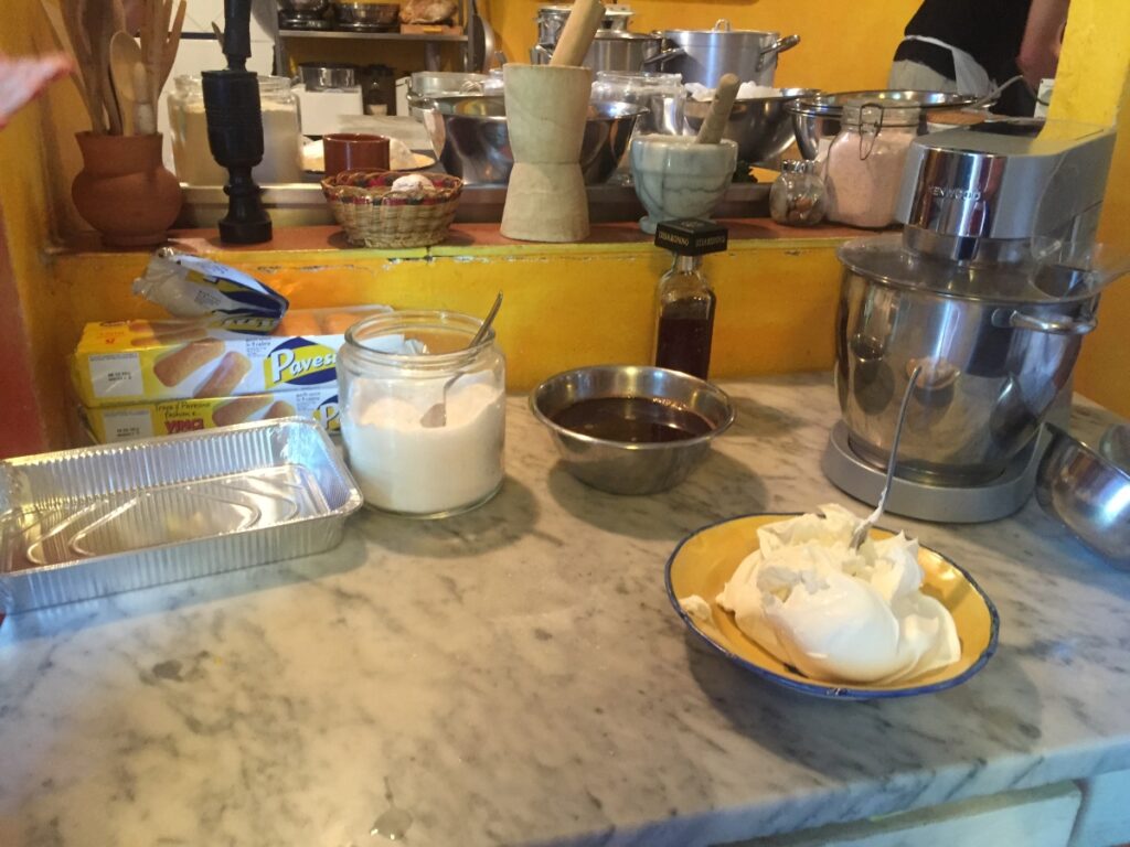 ingredients and equipment prepared for dessert during a cooking class