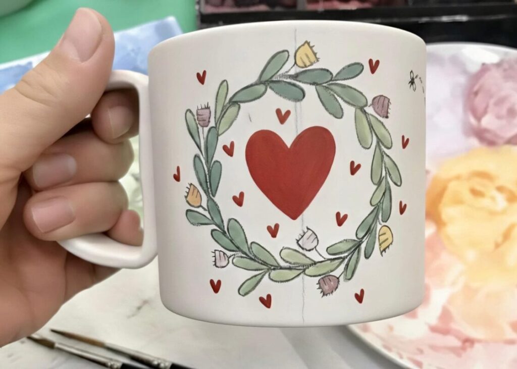 Hand-painted ceramic mug with heart and wreath design made in a ceramic painting class in Florence