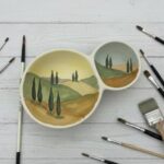 Hand-painted ceramic bowl with Tuscan landscape design created in a ceramic painting in Florence