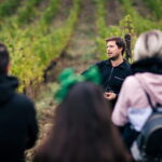 guide explaining vineyard during Chianti wine tour in Tuscany