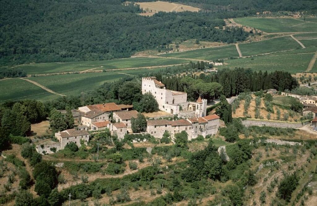 Aerial view of the historic castle estate agriturismo in Chianti where lunch is served on the horseback tour from Florence